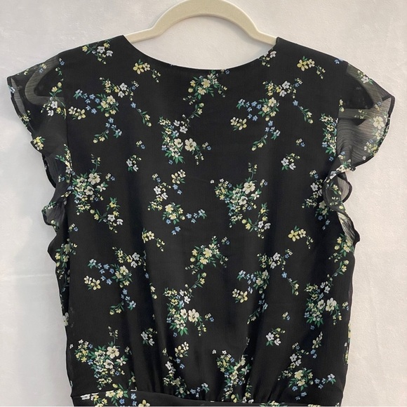 Banana Republic Black Floral Dress Flutter Sleeve V-Neck Cinch Dress - Picture 9 of 16
